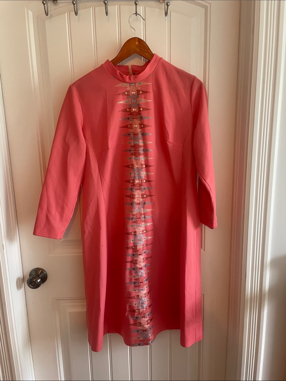 Vintage Coral Pink Shift Dress with embroidered Center Panel